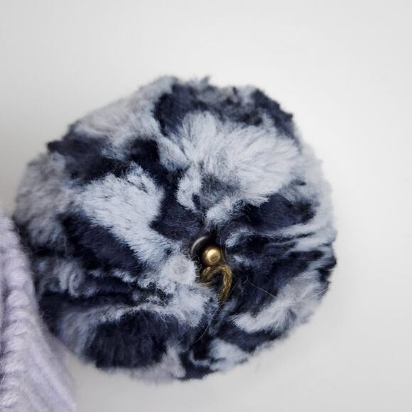 Faux Fur Removeable Pom-Pom Gray & Black on Purple Cable Knit Cuffed Beanie OSFM - Picture 7 of 9